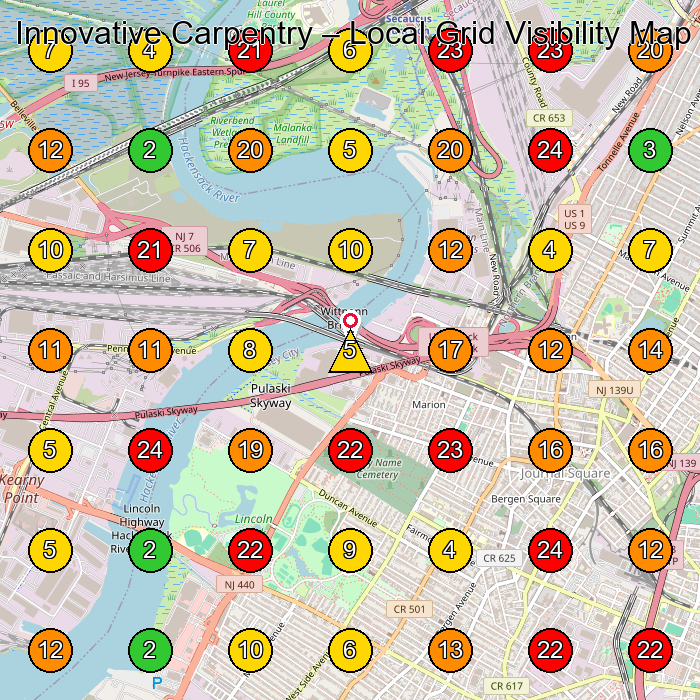 Innovative Carpentry Furniture Maker GeoGrid ranking map for Jersey City NJ